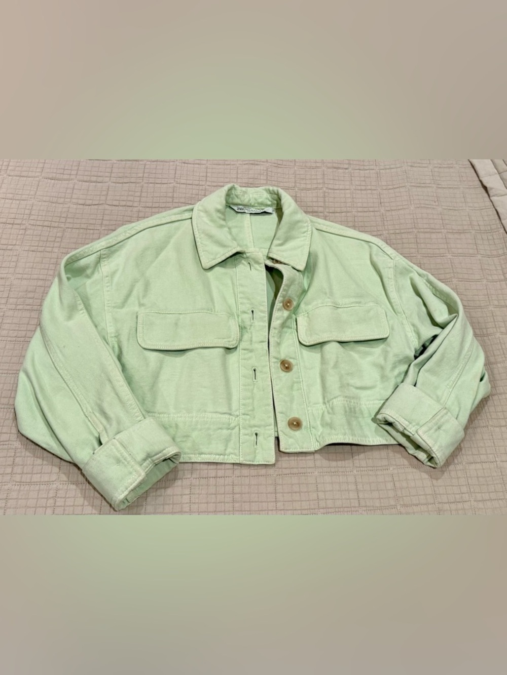 ZARA Green Cropped Denim Jacket